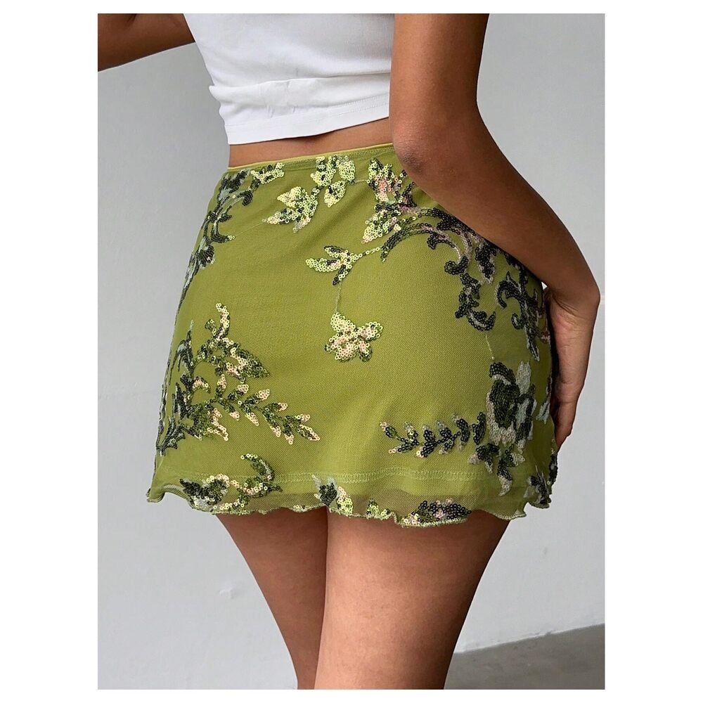 3632 Sequin Skirt Summer Floral Mesh Glitter Sparkly Mini Skirt Green Large - Picture 2 of 6